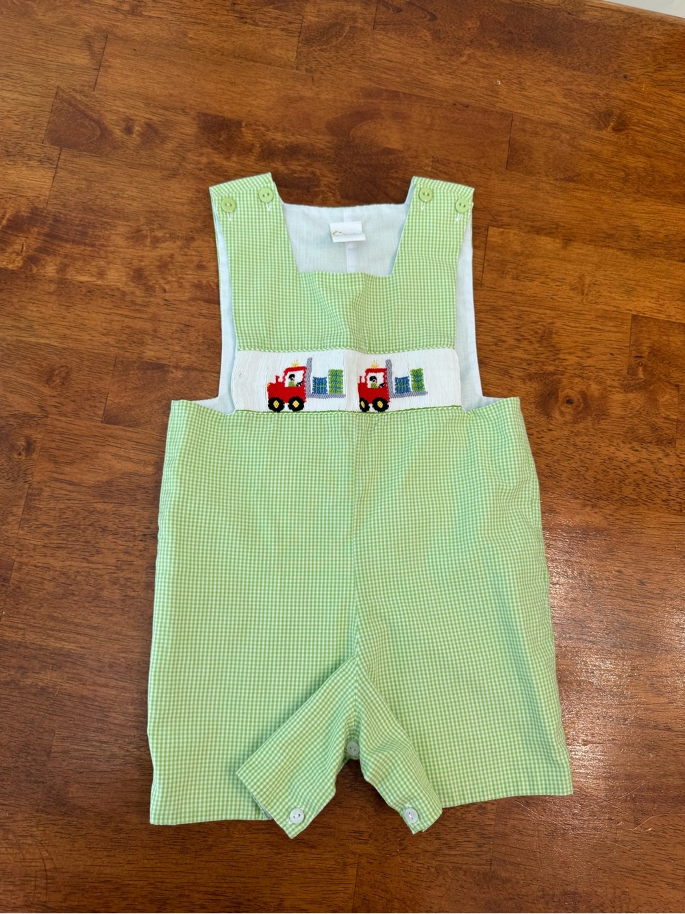 Smocked Giraffe Boys Lime Green Gingham Forklift Truck Jon Jon Romper 4T